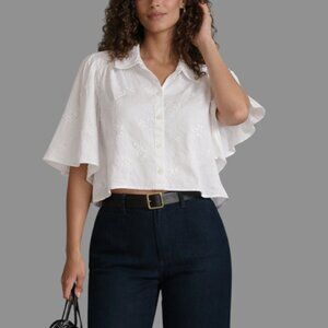 Caroline Constas Women's Embroidered Cropped Babydoll Top Cotton White Size XS